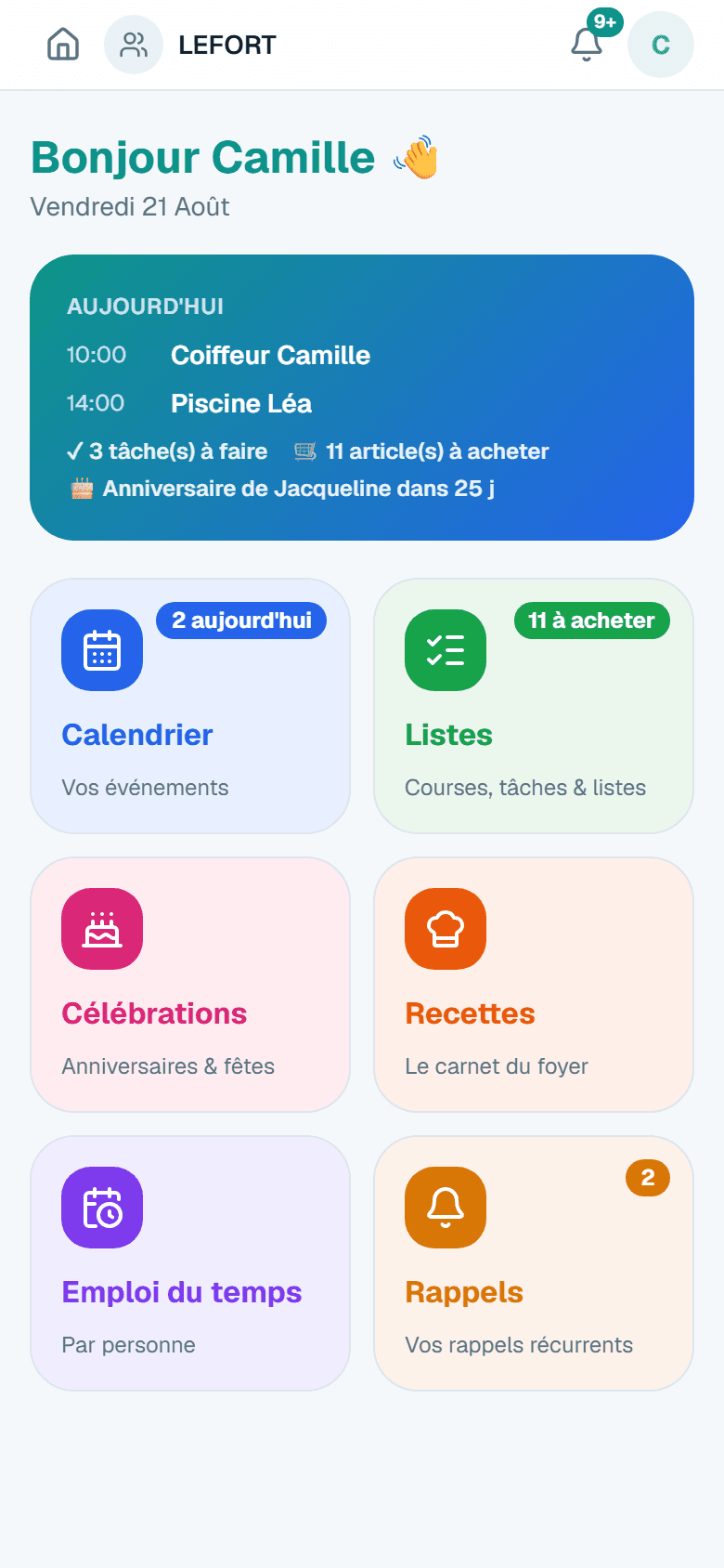 The FamiSync dashboard — real screenshot of the app, fictional demo data